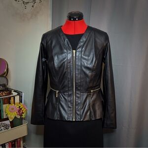 Thalia Sodi Black Faux Leather Peplum Jacket with Gold Zippers